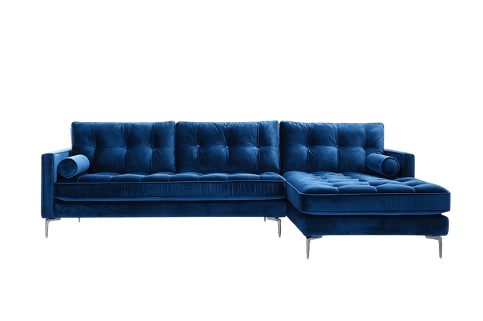 Modern blue velvet sectional sofa isolated on black background