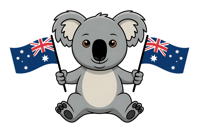 Cartoon koala holding australian flags