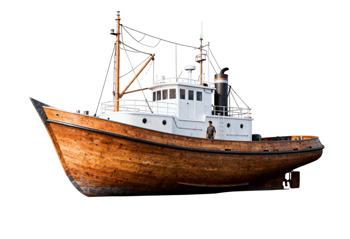 Vintage wooden tugboat with man on deck