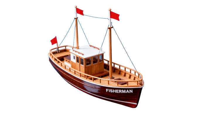 Model of a wooden fishing boat with red flags
