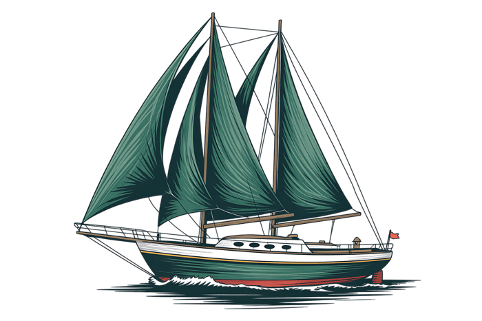 Illustration of classic green sailboat on water