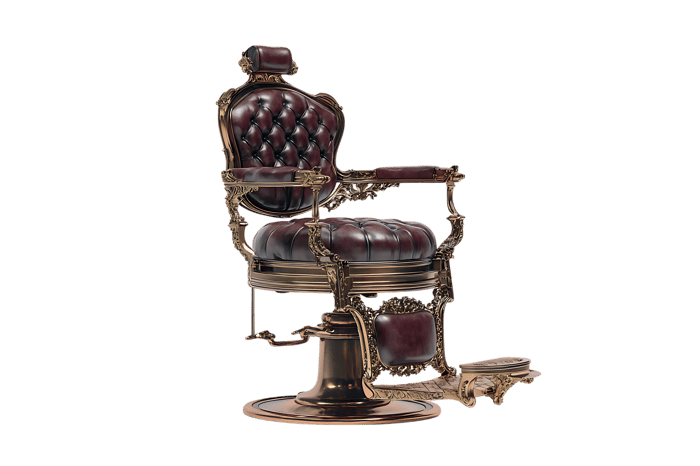 Elegant antique barber chair, leather, metal, vintage style.