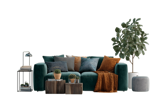 Stylish teal sofa houseplants