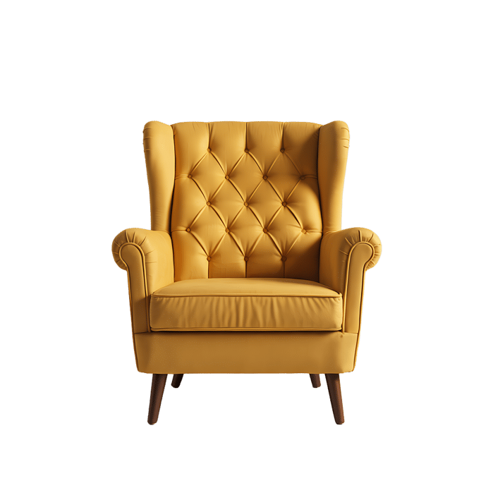 Stylish mustard yellow wingback armchair with button tufting