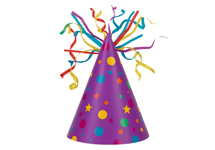 Purple party hat with colorful streamers