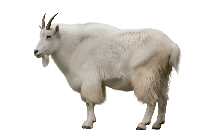 Side view of a mountain goat with white fur and short dark horns