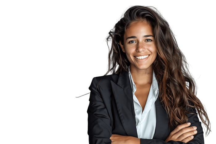 Confident businesswoman with arms crossed, smiling.