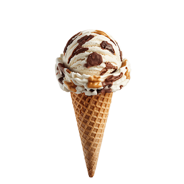 Delicious ice cream cone with chocolate and nuts.