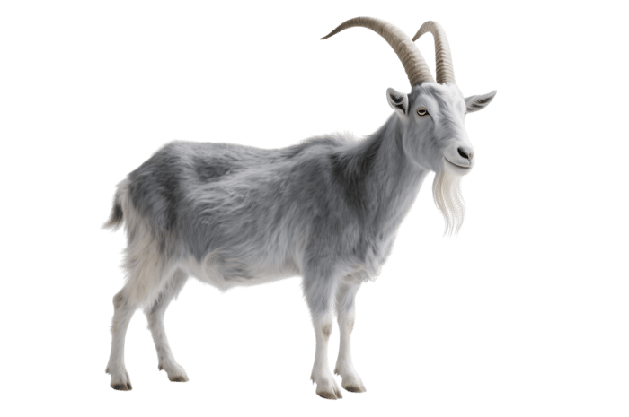 Standing grey goat with horns and beard