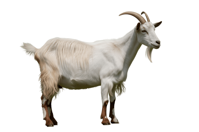 Full body of a white goat with horns and beard