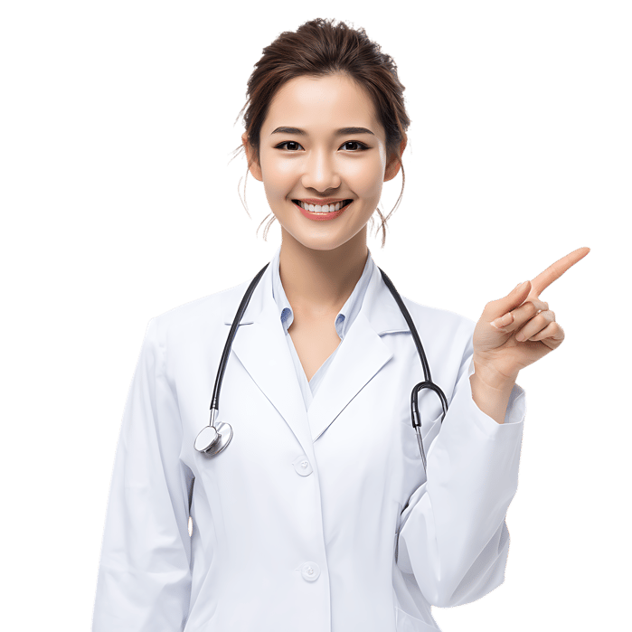 Smiling Asian female doctor points