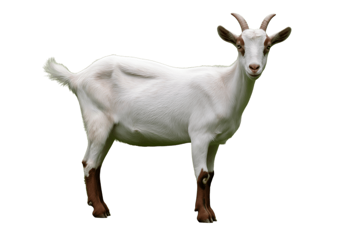 Full body shot of a white goat with brown legs and horns