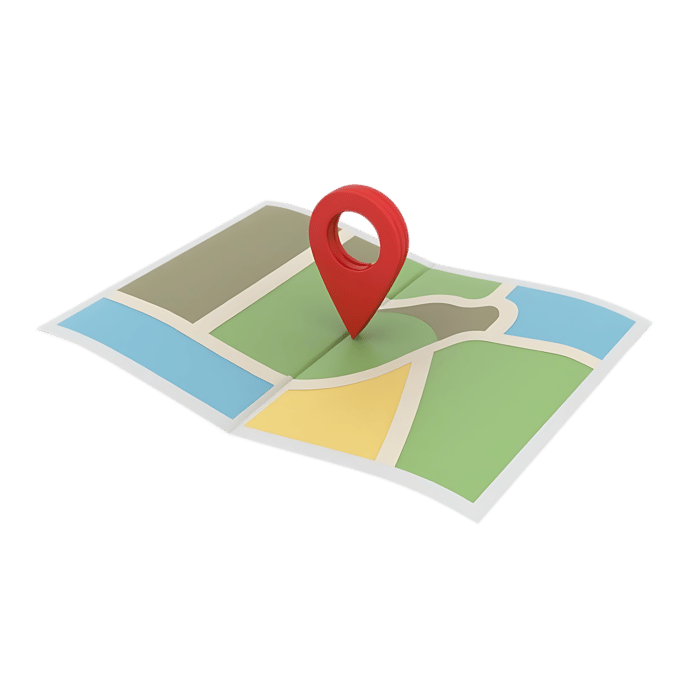 3D illustration of a folded map with a bright red location pin, symbolizing GPS navigation and destination