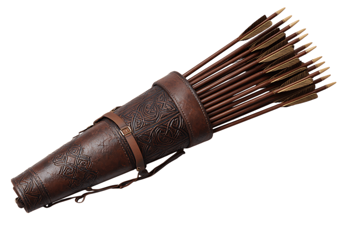 Vintage leather quiver filled with arrows.  Hunting, archery, medieval.
