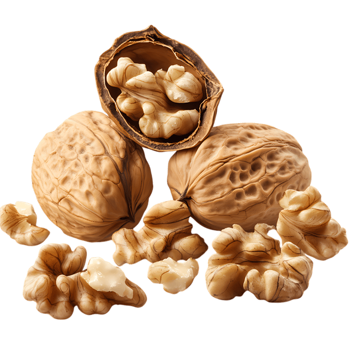 Close up of walnuts, shelled and unshelled.