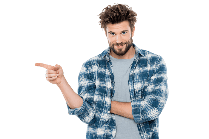 Happy man pointing finger, casual style
