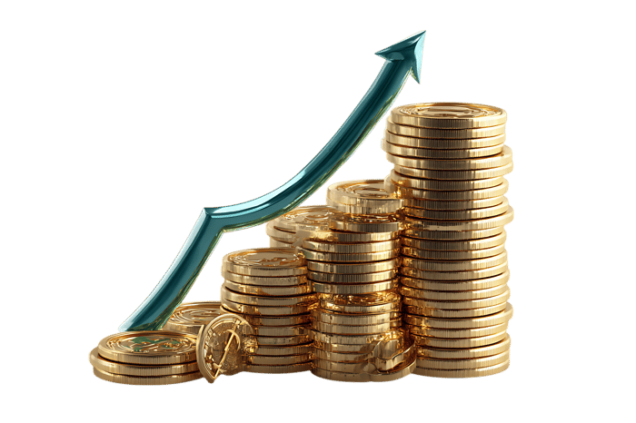 Stacks of gold coins with an upward arrow, symbolizing financial growth and wealth.
