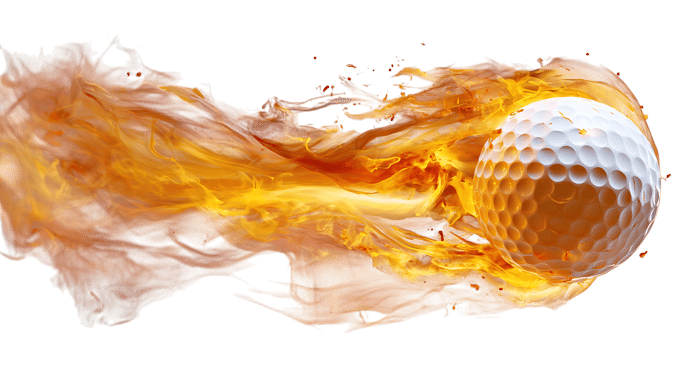 Golf ball on fire, symbolizing power, speed, and competition.