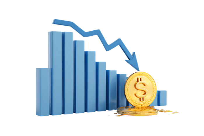 Falling bar graph and gold coin illustrate financial downturn.