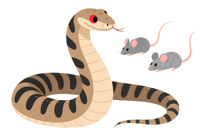 Cartoon snake hunting mice. Animal illustration for kids