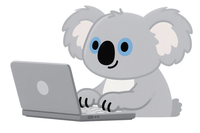 Cartoon koala bear working at a laptop computer