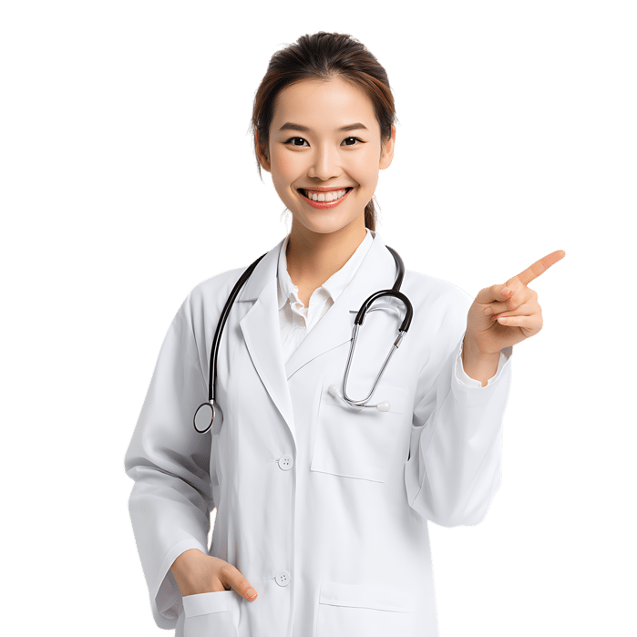 Smiling Asian female doctor points.