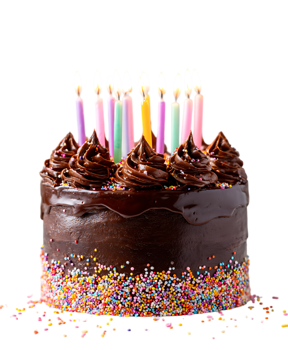 Delicious chocolate cake with colorful sprinkles and lit candles.