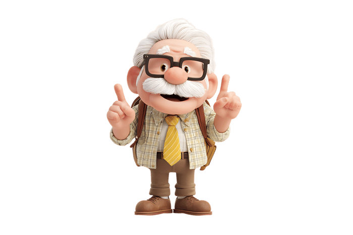 Animated cartoon old man with glasses pointing upwards