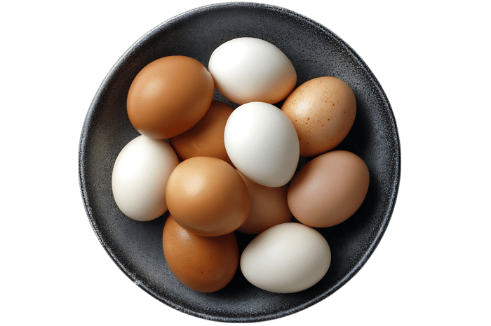 Brown and white eggs in a bowl
