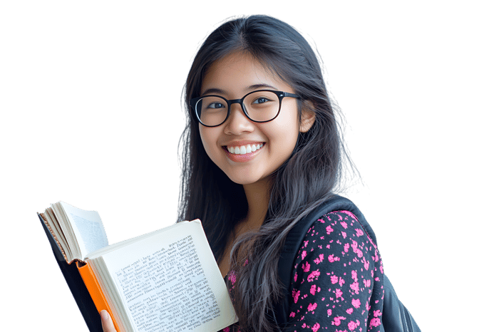 Happy young woman holding a book, education concept