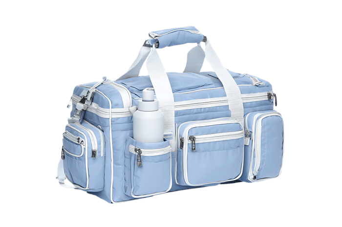Light blue travel duffel bag with multiple pockets.
