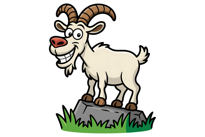 Smiling cartoon goat with braces on rock illustration