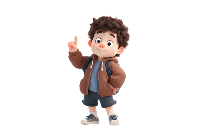 Cartoon boy with backpack pointing up illustration