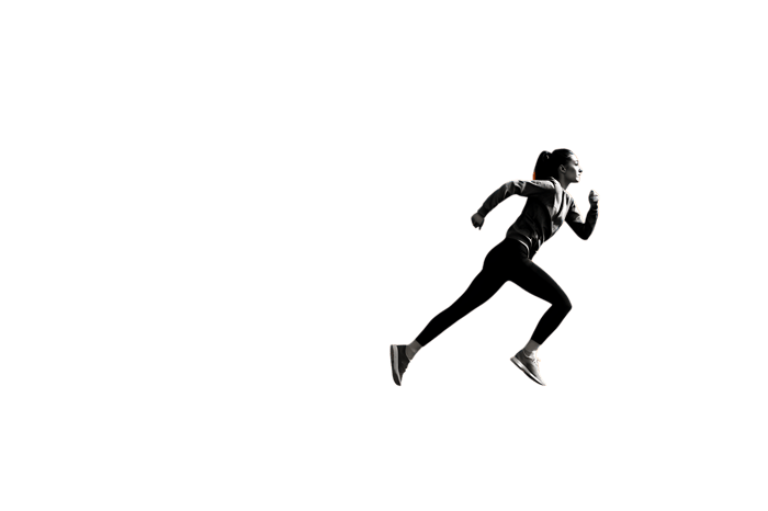 Dynamic silhouette of a person running against a black background.