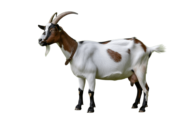 Full body profile of a brown and white horned goat