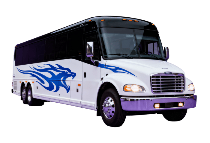 Sleek white bus with eagle graphic