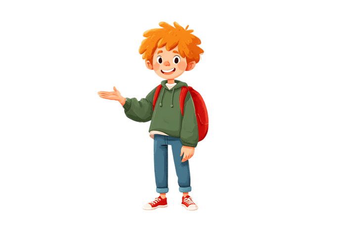 Cartoon boy with backpack gesturing and smiling