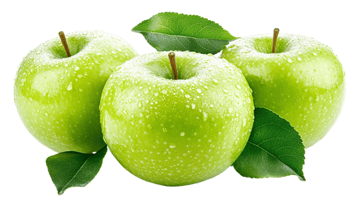 Three fresh green apples with water drop.