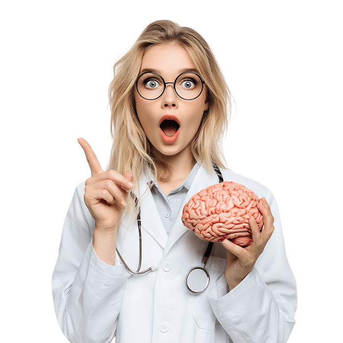 Amazed doctor holding a brain model