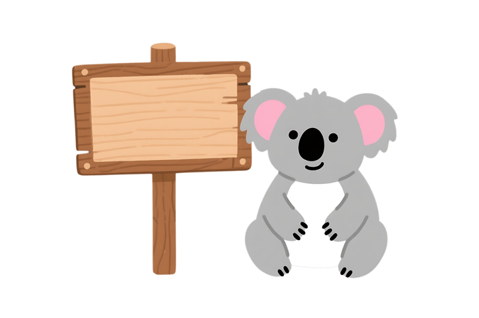 Cartoon koala with wooden sign