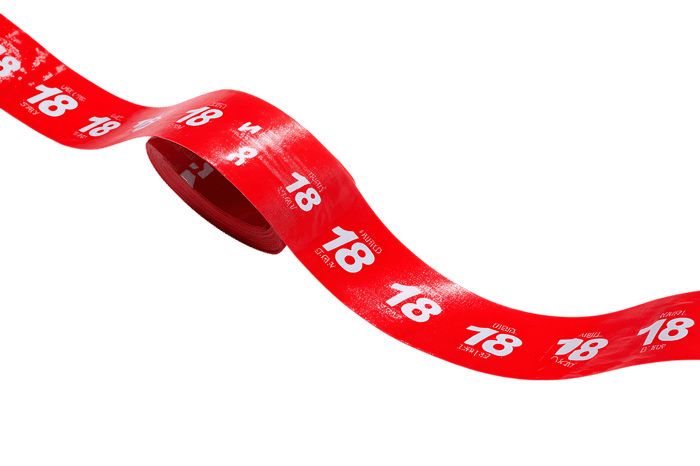 Curled red ribbon with repeating number 18.  Perfect for birthday or anniversary