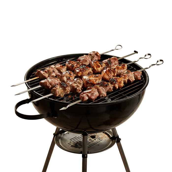 Grilled meat skewers on a barbecue.