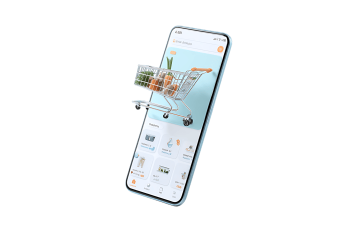 Digital shopping cart emerging from phone screen.