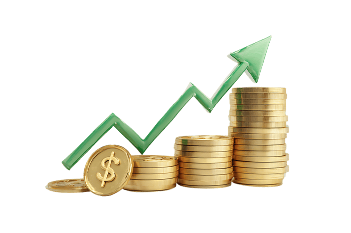 Growing stacks of gold coins with upward green arrow.