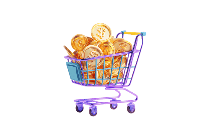 Shopping cart full of gold coins.  Wealth, finance, e commerce concept.