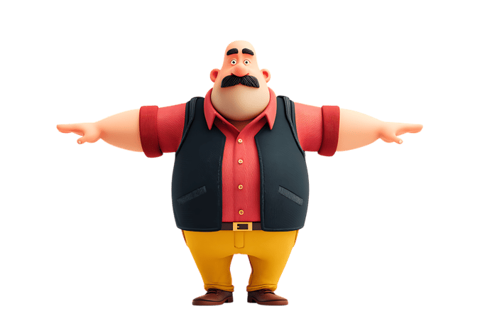 Cartoon man with mustache pointing with outstretched arms