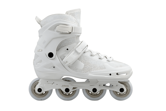 White inline skates, side view.