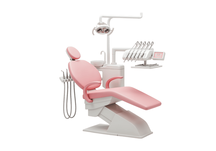 Modern pink dental chair with equipment