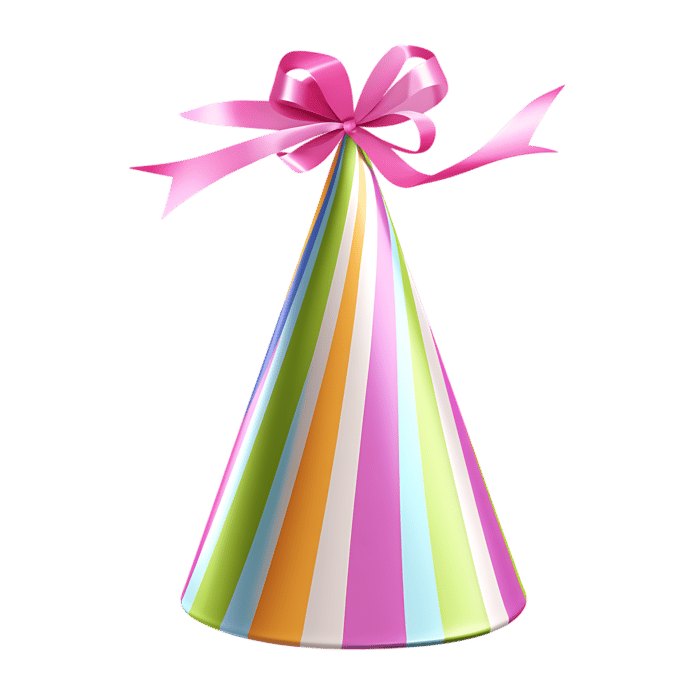 Colorful party hat with pink ribbon