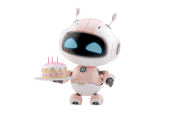 Adorable robotic character holding a birthday cake. Perfect for celebrations and technology themes